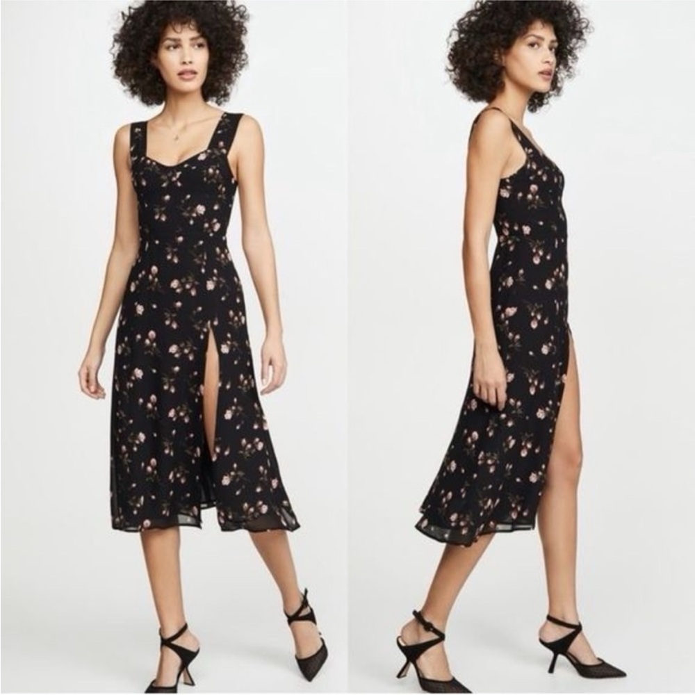Reformation Fulton Midi Dress Romy Black Pink Floral Print Leg Slit Size 10